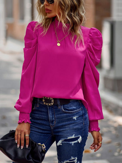 Business Casual Blouses- High Collar Blouse with Puff Sleeves- Rose Red- Pekosa Women Clothing