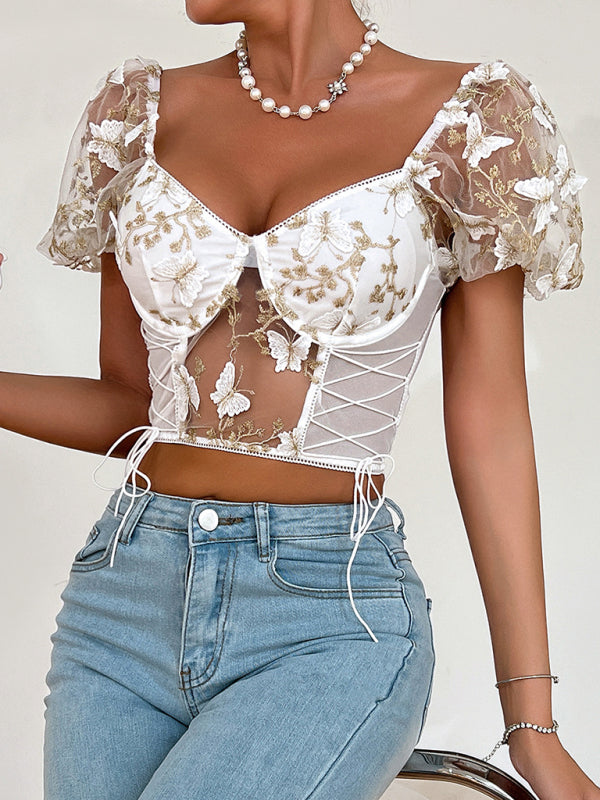 Bustier Blouse- Butterfly Embroidered Mesh Puff Sleeve Top - Underwire and Lace-Up Blouse- - Pekosa Women Clothing