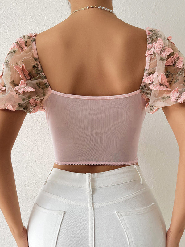 Bustier Blouse- Butterfly Embroidered Mesh Puff Sleeve Top - Underwire and Lace-Up Blouse- - Pekosa Women Clothing