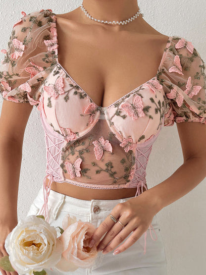 Bustier Blouse- Butterfly Embroidered Mesh Puff Sleeve Top - Underwire and Lace-Up Blouse- Pink- Pekosa Women Clothing