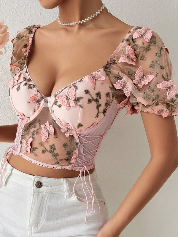 Bustier Blouse- Butterfly Embroidered Mesh Puff Sleeve Top - Underwire and Lace-Up Blouse- - Pekosa Women Clothing