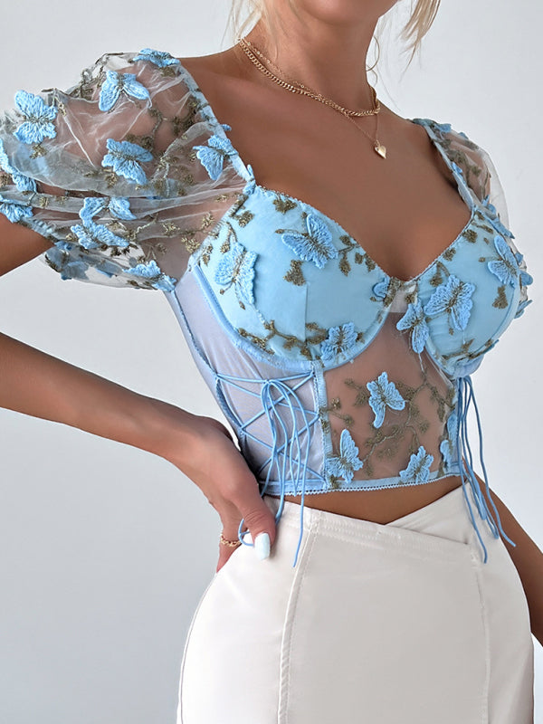 Bustier Blouse- Butterfly Embroidered Mesh Puff Sleeve Top - Underwire and Lace-Up Blouse- - Pekosa Women Clothing