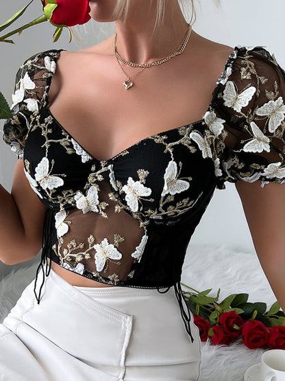 Bustier Blouse- Butterfly Embroidered Mesh Puff Sleeve Top - Underwire and Lace-Up Blouse- Black- Pekosa Women Clothing