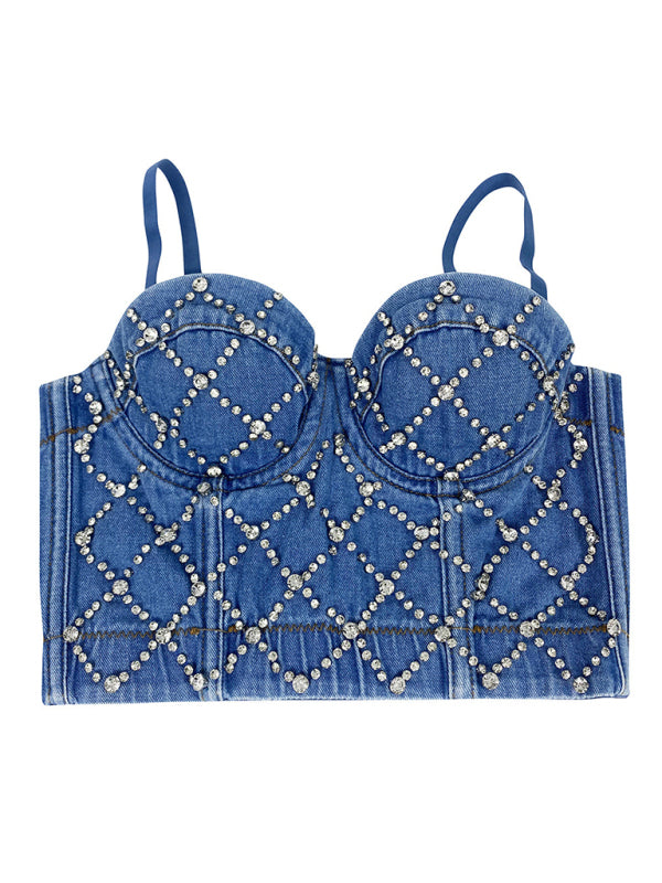 Bustier Top- Festive Sparkle Disco Cami Top | Beaded Denim Bustier- - Pekosa Women Clothing