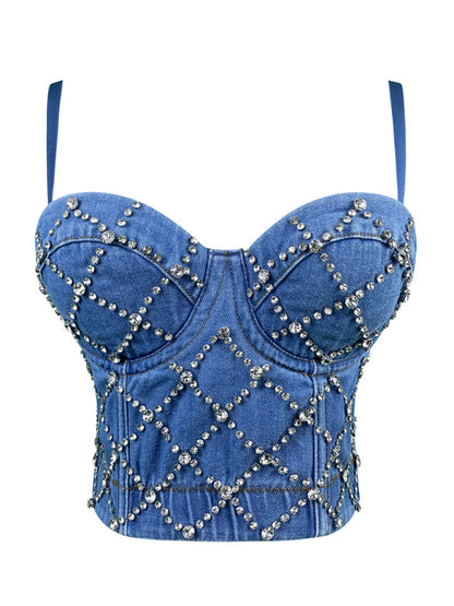 Bustier Top- Festive Sparkle Disco Cami Top | Beaded Denim Bustier- Blue- Pekosa Women Clothing