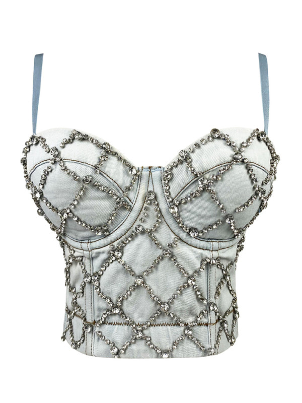 Bustier Top- Festive Sparkle Disco Cami Top | Beaded Denim Bustier- - Pekosa Women Clothing