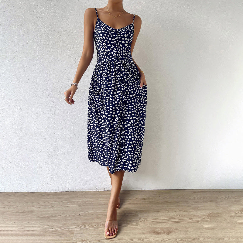 Cami Dresses- Casual Dotty Print Button-Up Pocketed Midi Cami Dress- Blue- Pekosa Women Clothing