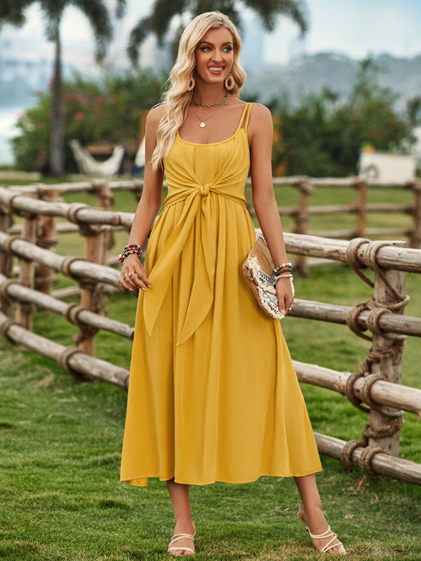 Cami Dresses- Elegant Summer Solid A-Line Cami Knot Midi Dress- - Pekosa Women Fashion