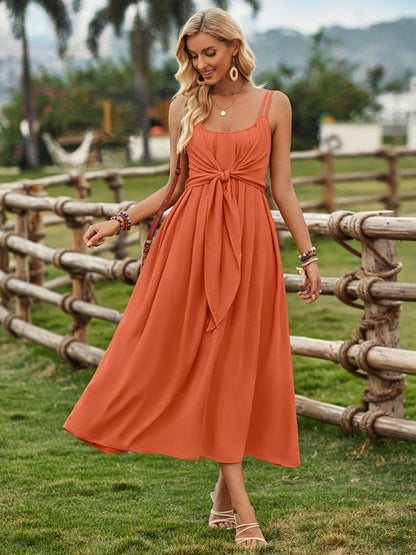 Cami Dresses- Elegant Summer Solid A-Line Cami Knot Midi Dress- - Pekosa Women Fashion