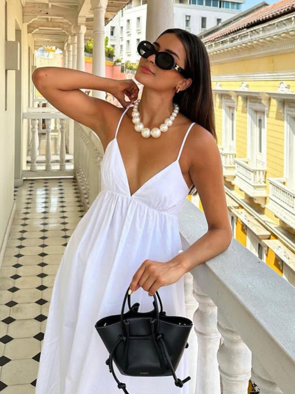 Cami Dresses- Essential Summer Cotton Cami Backless Maxi Dress- White- Pekosa Women Clothing