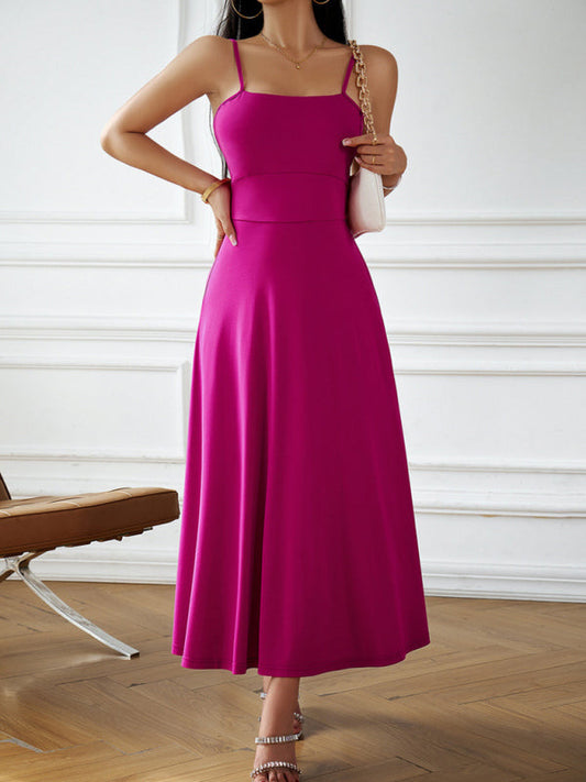 Cami Dresses- Solid Elegant A-Line Open Back Cami Long Dress- Purple- Pekosa Women Clothing