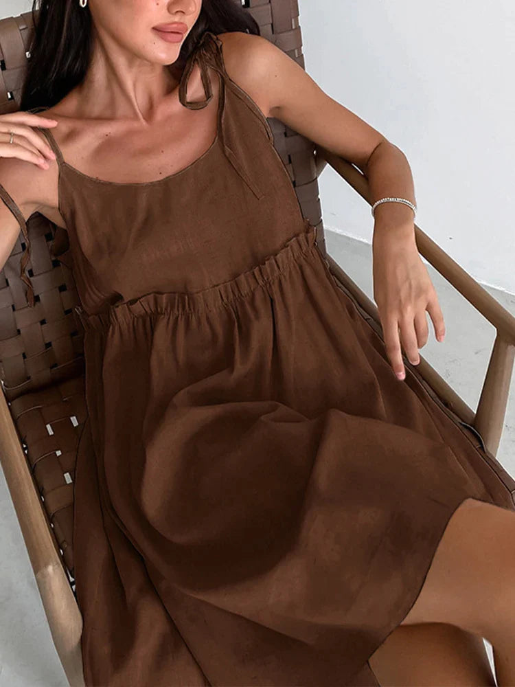 Cami Dresses- Solid Tie-Shoulder Sundress - Sleeveless Cotton-Linen Tunic Dress- Brown- Pekosa Women Fashion