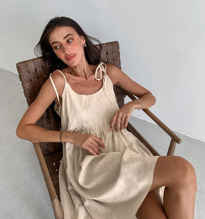 Cami Dresses- Solid Tie-Shoulder Sundress - Sleeveless Cotton-Linen Tunic Dress- - Pekosa Women Fashion