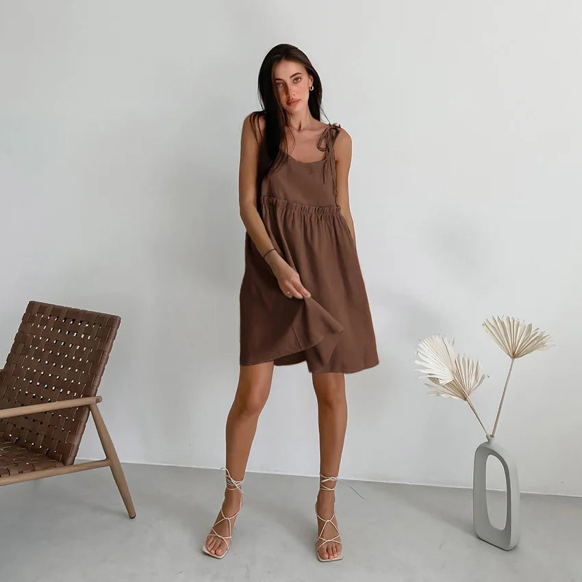 Cami Dresses- Solid Tie-Shoulder Sundress - Sleeveless Cotton-Linen Tunic Dress- - Pekosa Women Fashion