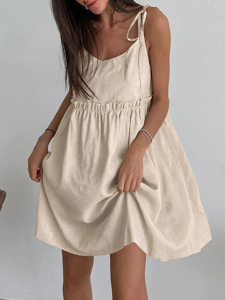 Cami Dresses- Solid Tie-Shoulder Sundress - Sleeveless Cotton-Linen Tunic Dress- - Pekosa Women Fashion