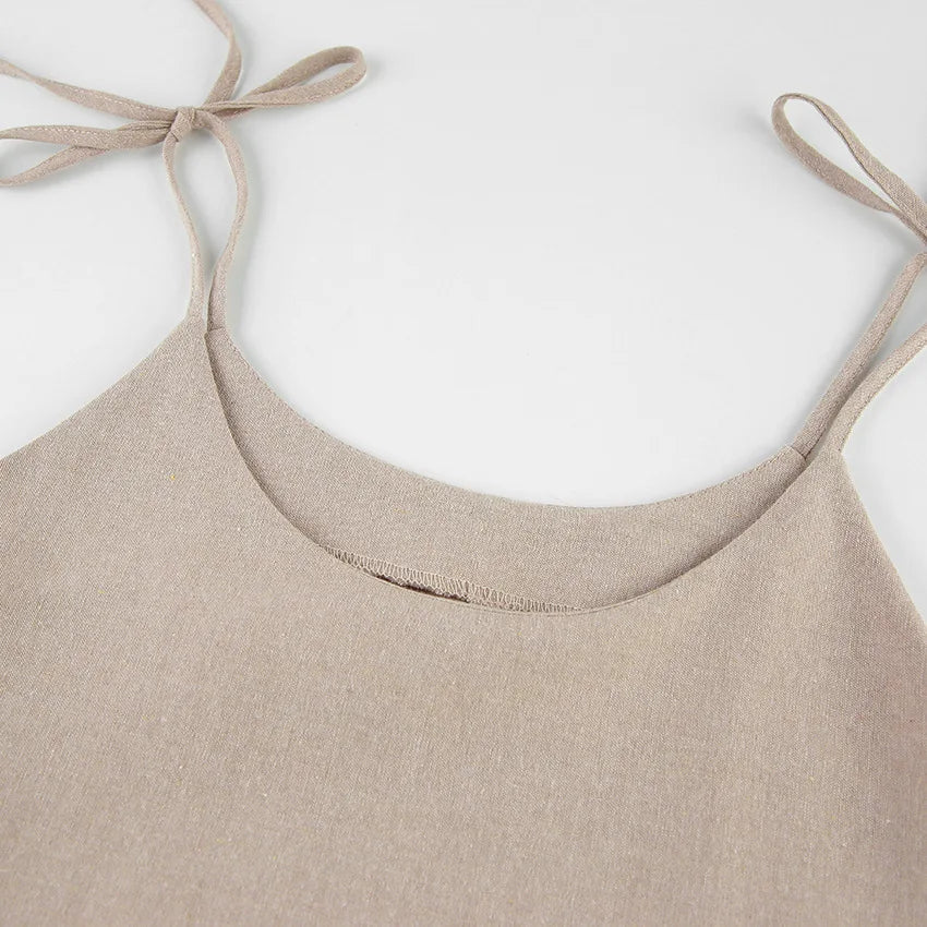 Cami Dresses- Solid Tie-Shoulder Sundress - Sleeveless Cotton-Linen Tunic Dress- - Pekosa Women Fashion