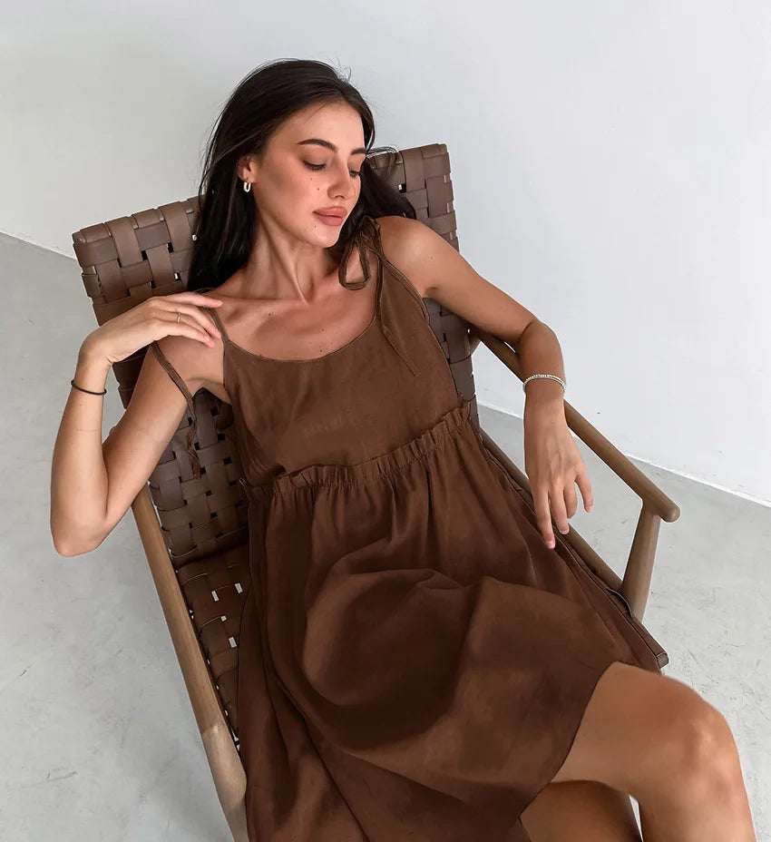 Cami Dresses- Solid Tie-Shoulder Sundress - Sleeveless Cotton-Linen Tunic Dress- - Pekosa Women Fashion