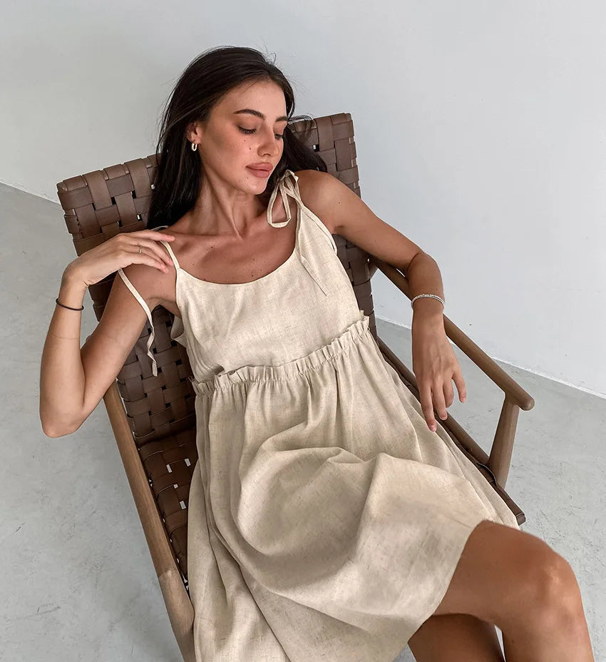 Cami Dresses- Solid Tie-Shoulder Sundress - Sleeveless Cotton-Linen Tunic Dress- - Pekosa Women Fashion