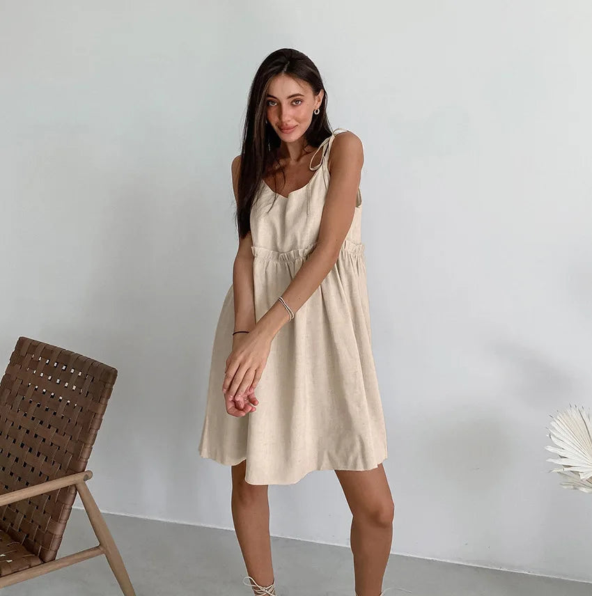 Cami Dresses- Solid Tie-Shoulder Sundress - Sleeveless Cotton-Linen Tunic Dress- - Pekosa Women Fashion