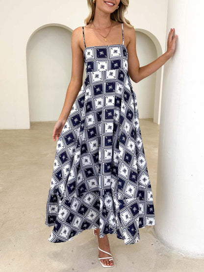 Cami Dresses- Summer Black Print A-Line Cami Maxi Dress- - Pekosa Women Clothing