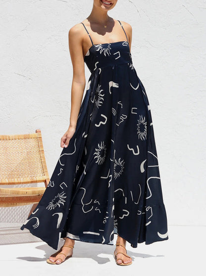 Cami Dresses- Summer Black Print A-Line Cami Maxi Dress- Champlain color- Pekosa Women Clothing