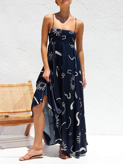 Cami Dresses- Summer Black Print A-Line Cami Maxi Dress- - Pekosa Women Clothing