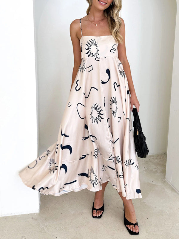 Cami Dresses- Summer Black Print A-Line Cami Maxi Dress- - Pekosa Women Clothing