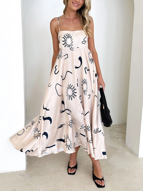 Cami Dresses- Summer Black Print A-Line Cami Maxi Dress- - Pekosa Women Clothing