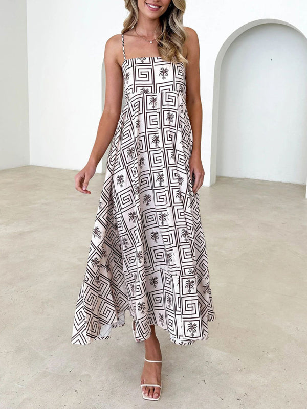 Cami Dresses- Summer Black Print A-Line Cami Maxi Dress- Cracker khaki- Pekosa Women Clothing