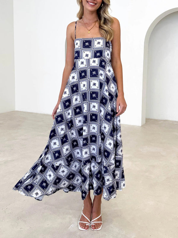 Cami Dresses- Summer Black Print A-Line Cami Maxi Dress- Black- Pekosa Women Clothing