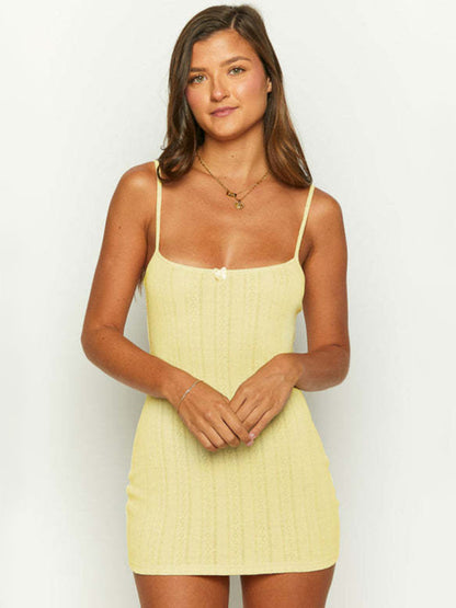 Cami Dresses- Summer Textured Loungewear - Fitted Cami Dress- Yellow- Pekosa Women Clothing