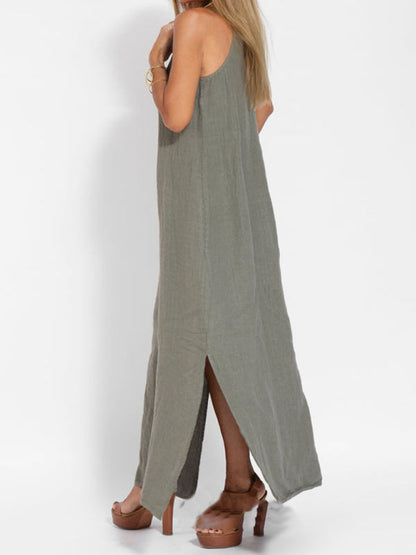 Cami Maxi Dress- Essential Solid Cotton Cami Tunic Maxi Dress- - Pekosa Women Clothing