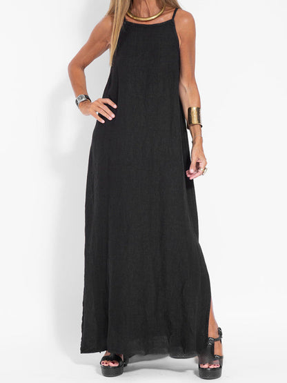 Cami Maxi Dress- Essential Solid Cotton Cami Tunic Maxi Dress- Black- Pekosa Women Clothing