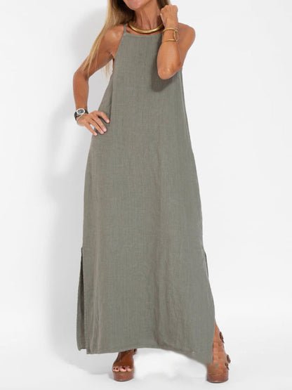 Cami Maxi Dress- Essential Solid Cotton Cami Tunic Maxi Dress- - Pekosa Women Clothing