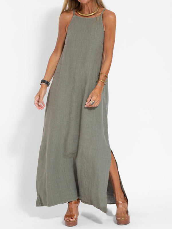 Cami Maxi Dress- Essential Solid Cotton Cami Tunic Maxi Dress- - Pekosa Women Clothing