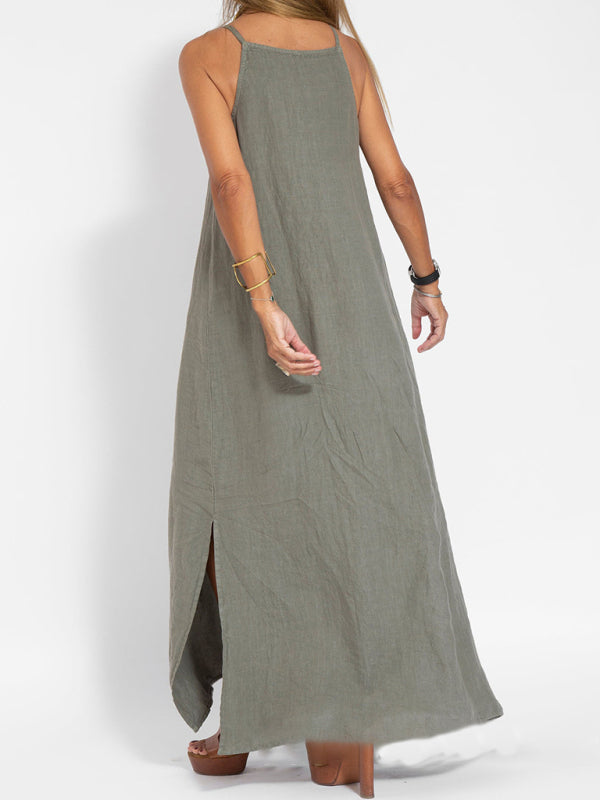 Cami Maxi Dress- Essential Solid Cotton Cami Tunic Maxi Dress- - Pekosa Women Clothing