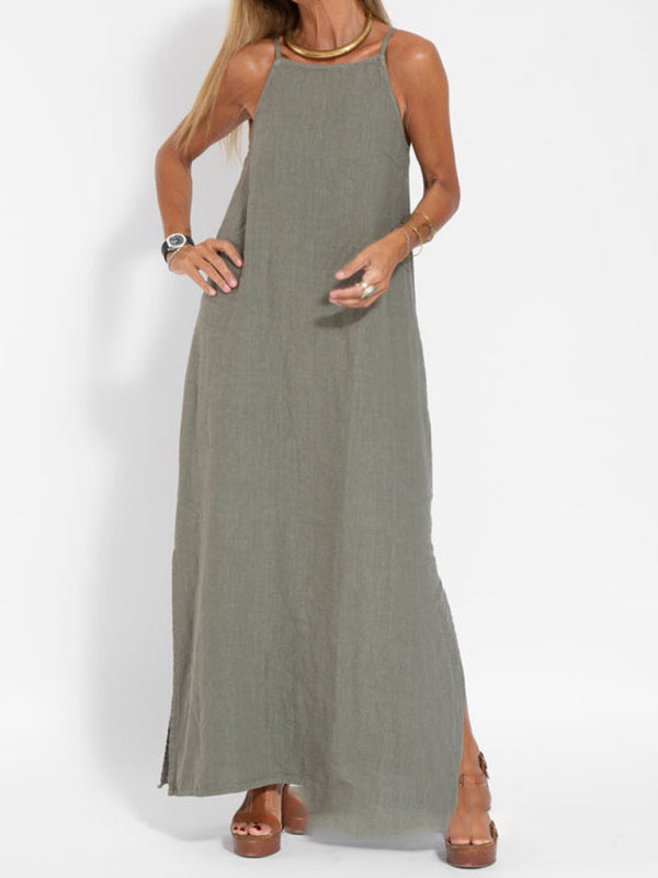 Cami Maxi Dress- Essential Solid Cotton Cami Tunic Maxi Dress- Olive green- Pekosa Women Clothing