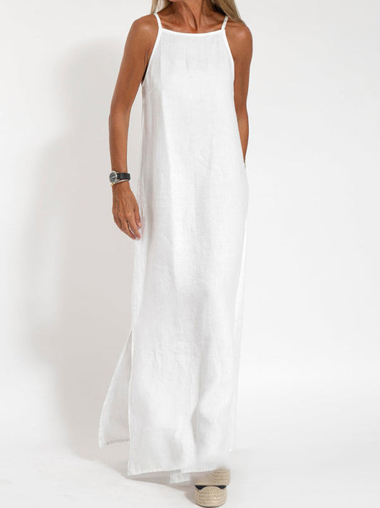 Cami Maxi Dress- Essential Solid Cotton Cami Tunic Maxi Dress- White- Pekosa Women Clothing