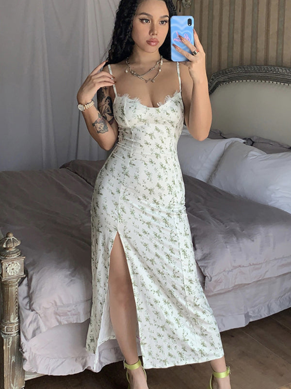 Cami Midi Dresses- Floral Split Thigh Bodycon Bustier Cami Midi Dress- - Pekosa Women Clothing