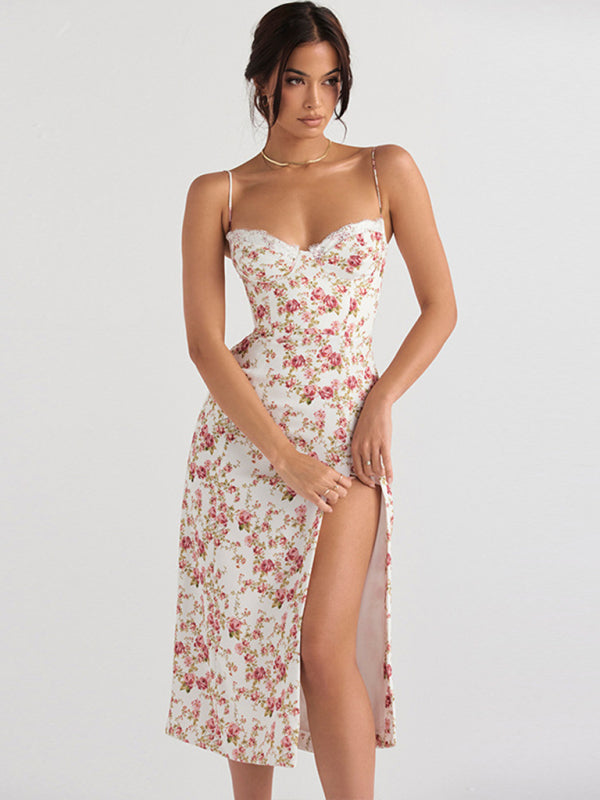 Cami Midi Dresses- Floral Split Thigh Bodycon Bustier Cami Midi Dress- - Pekosa Women Clothing