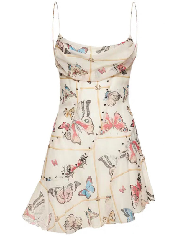 Cami Mini Dresses- Romantic Butterfly Print Cowl Neck Mini Dress for Date Night- - Pekosa Women Clothing