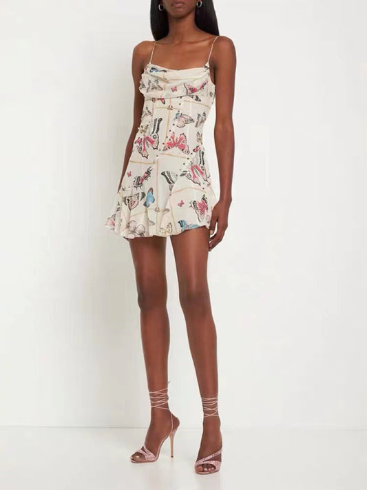 Cami Mini Dresses- Romantic Butterfly Print Cowl Neck Mini Dress for Date Night- Butterfly Print- Pekosa Women Clothing