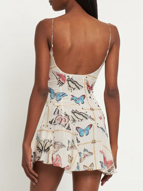 Cami Mini Dresses- Romantic Butterfly Print Cowl Neck Mini Dress for Date Night- - Pekosa Women Clothing