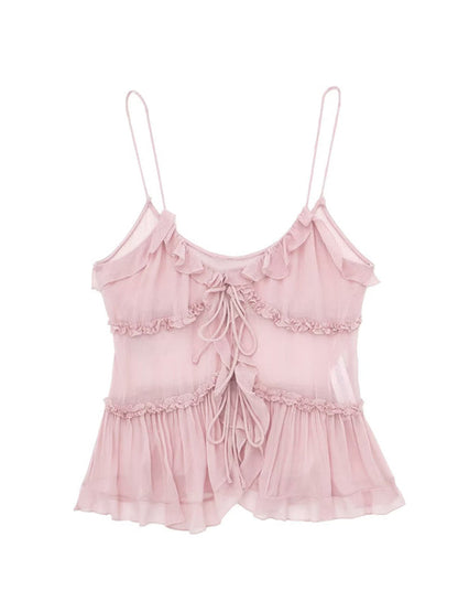 Cami Top- Sheer Layered Cami Top - Ruffle Accents, Tie Front Blouse- Pink- Pekosa Women Clothing