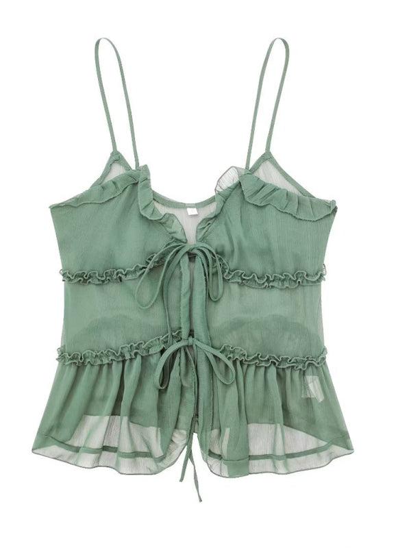 Cami Top- Sheer Layered Cami Top - Ruffle Accents, Tie Front Blouse- Pale green- Pekosa Women Clothing