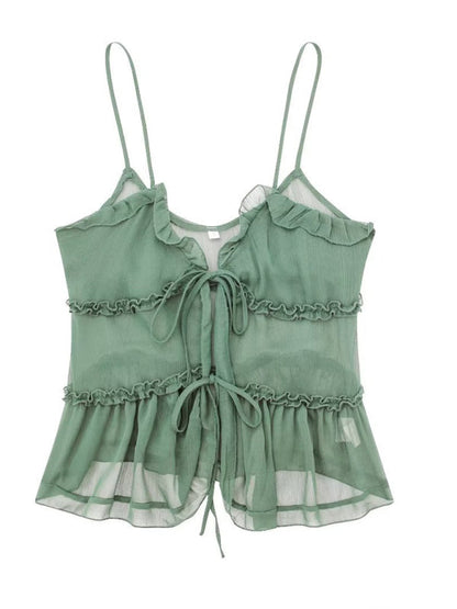 Cami Top- Sheer Layered Cami Top - Ruffle Accents, Tie Front Blouse- Pale green- Pekosa Women Clothing