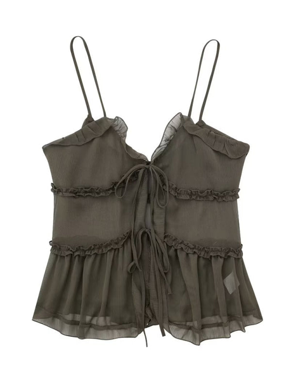 Cami Top- Sheer Layered Cami Top - Ruffle Accents, Tie Front Blouse- Grey- Pekosa Women Clothing