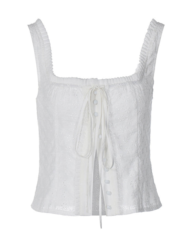 Cami Tops- Button-Up Tie-Front Eyelet Frill Cami Top- - Pekosa Women Clothing