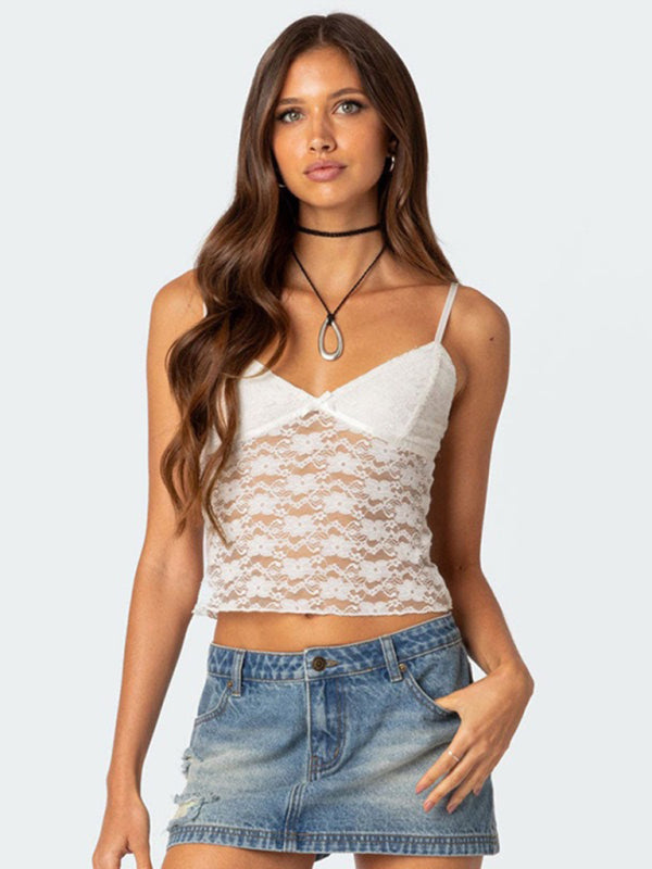 Cami Tops- Floral Lace Spaghetti Strap Top - V-Neck Cami- - Pekosa Women Clothing