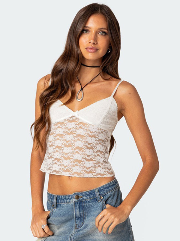 Cami Tops- Floral Lace Spaghetti Strap Top - V-Neck Cami- - Pekosa Women Clothing